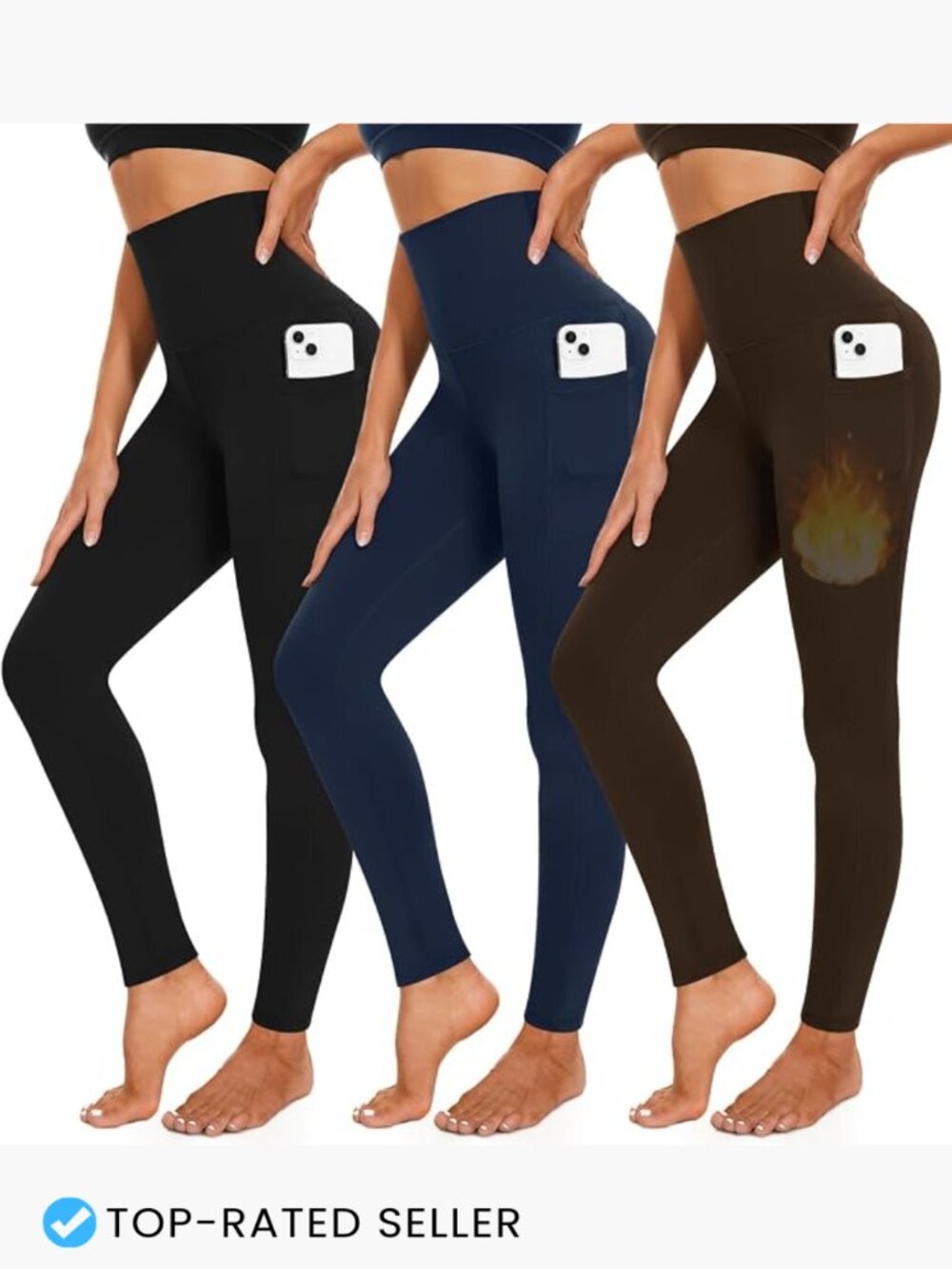 Fleece Lined Leggings High Waist Thermal Winter Yoga Pants with Pockets 3 Pack
